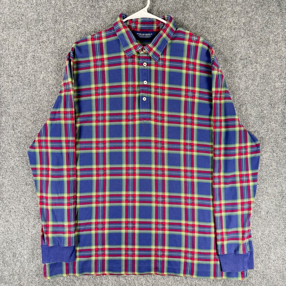 Polo Golf Ralph Lauren Men's XL Blue Plaid Pima Cotton Long Sleeve Polo Shirt